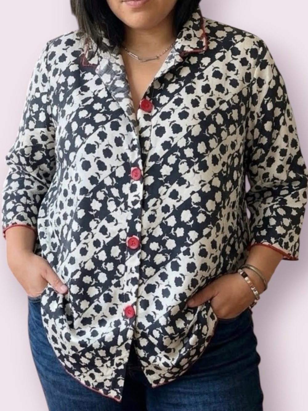 NWT Creation Floral Button Up Top Jacket Shacket Black White Pink Size Large